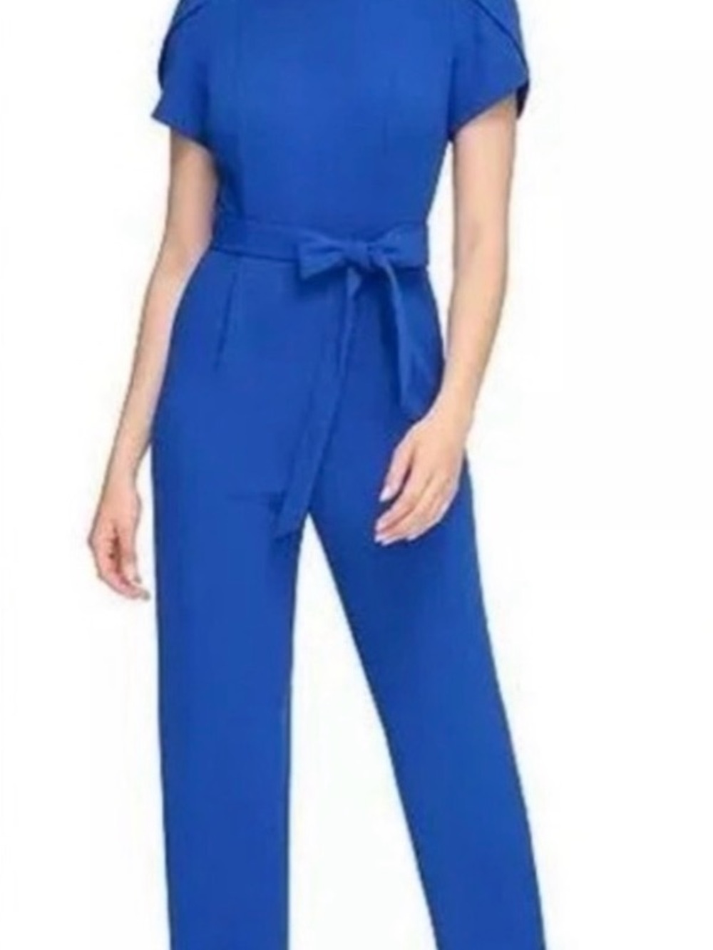 P0050. Belted Short-Sleeve Wide Leg Jumpsuit in Royal Blue